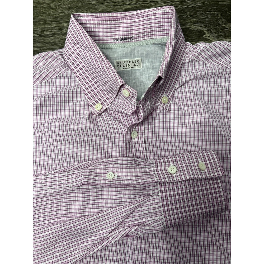 Brunello Cucinelli Plaid Button Down Shirt Mens Medium Pink Basic Fit